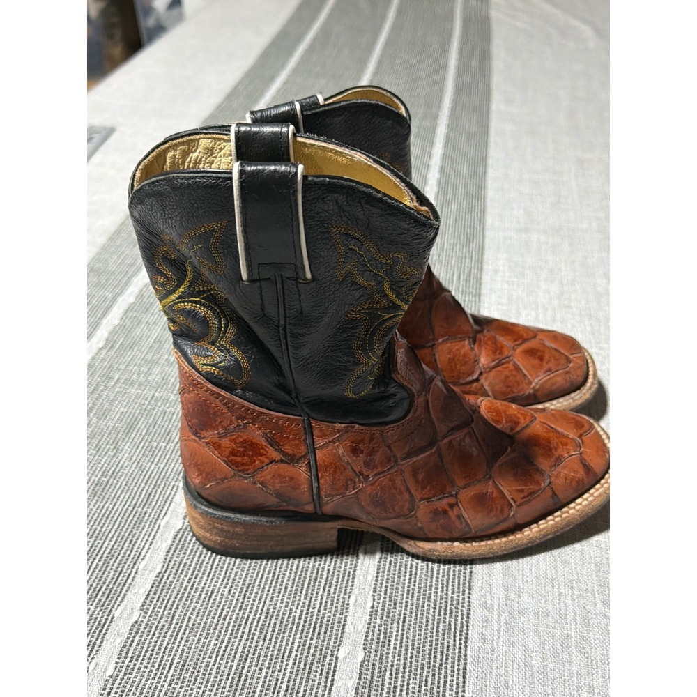 Kids Western Cowboy Boots Brown Faux Alligator Square‎ Toe Black Shaft Stitched